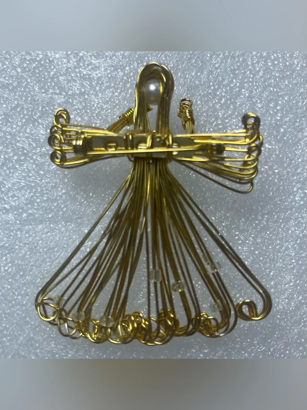 Vintage Wire Angel Brooch Pin Gold Tone Sliding Beads Pearl Christmas